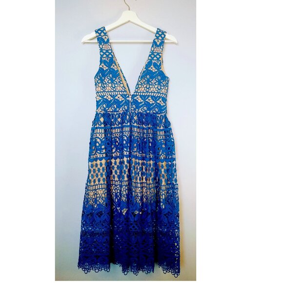 Lulus Blue and Beige Lace Midi Dress - Picture 6 of 16